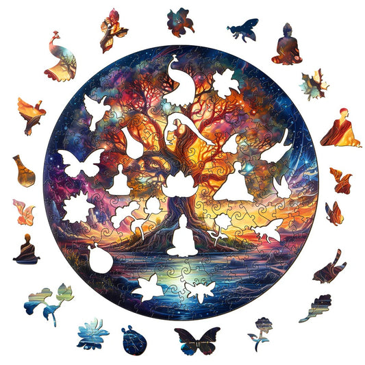 Whimsical Wooden Jigsaw Puzzle-Starry Night Tree of Life