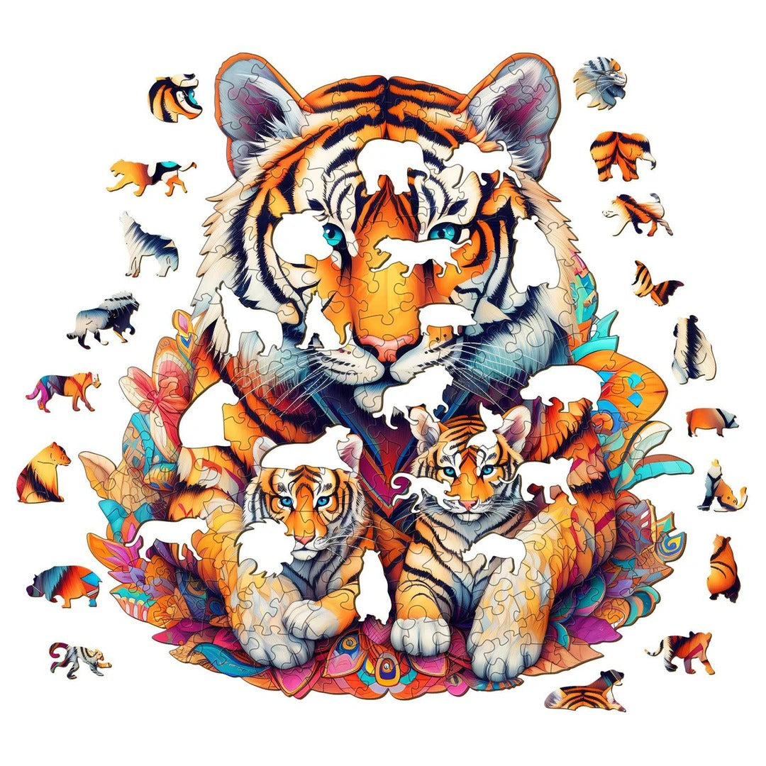 Whimsical Wooden Jigsaw Puzzle-Tiger Family
