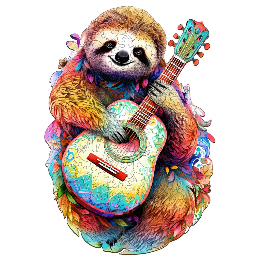 Whimsical Wooden Jigsaw Puzzle-sloth with guitar