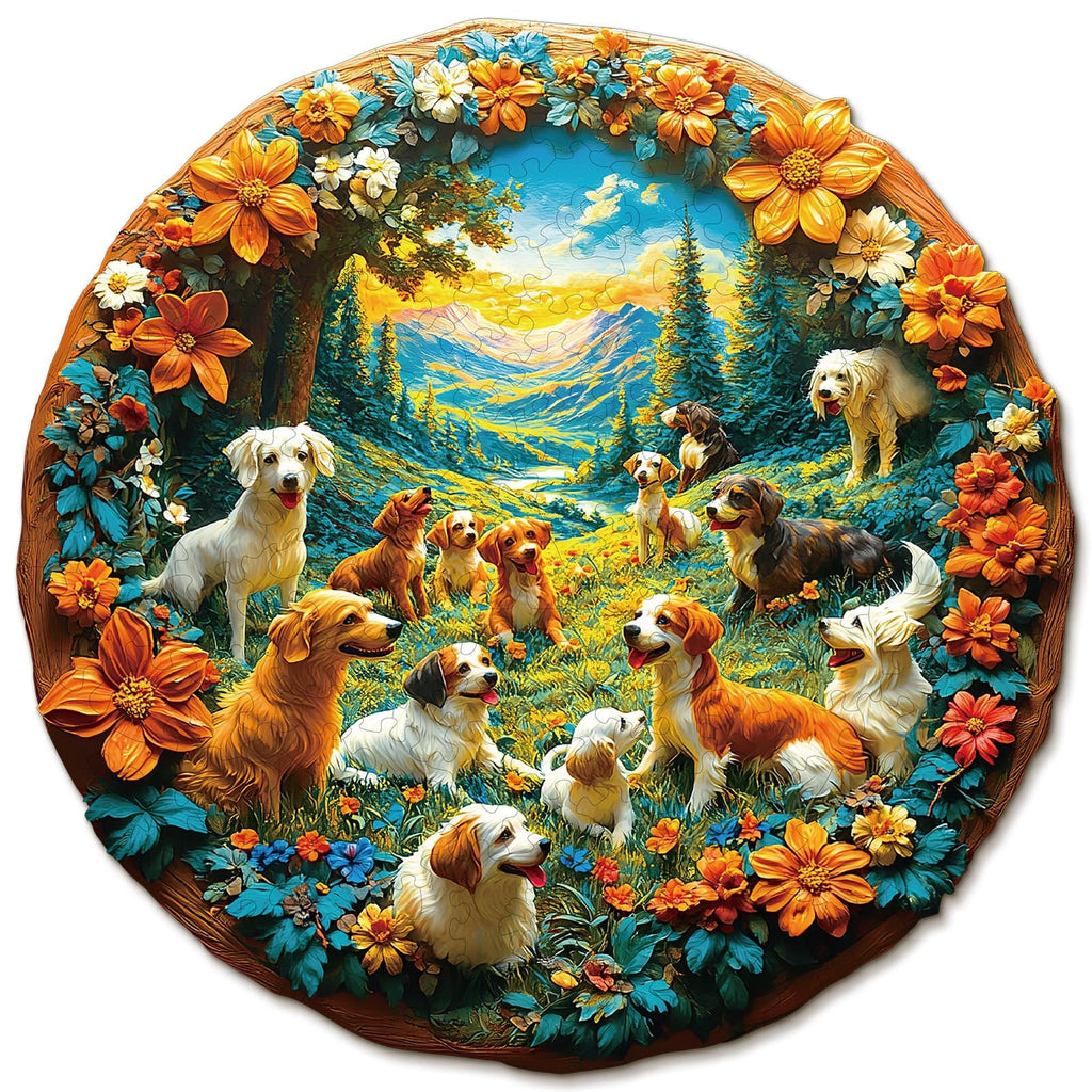 Whimsical Wooden Jigsaw Puzzle - Doggy Paradise - pickApuzzle