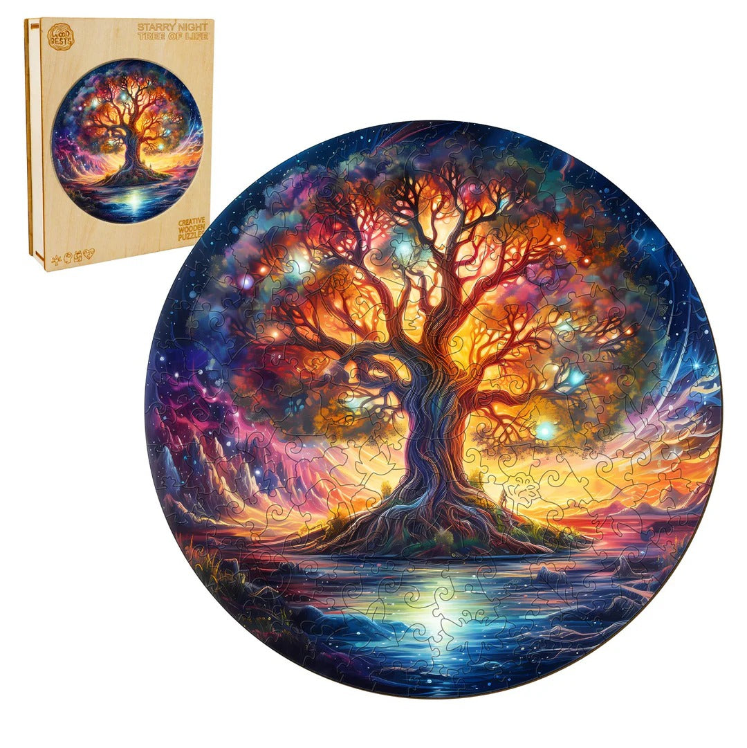 Whimsical Wooden Jigsaw Puzzle-Starry Night Tree of Life
