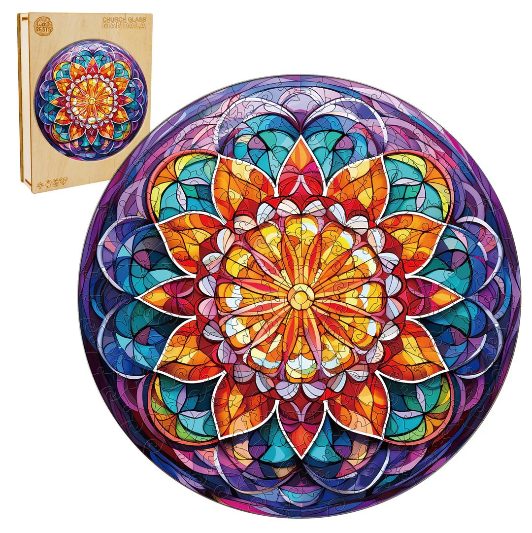Whimsical Wooden Jigsaw Puzzle-church glass mandala