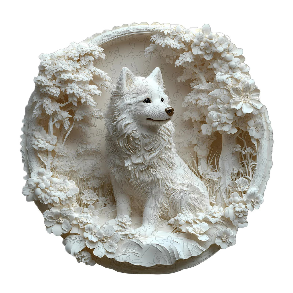 Whimsical Wooden Jigsaw Puzzle - 3d paper Samoyed - pickApuzzle