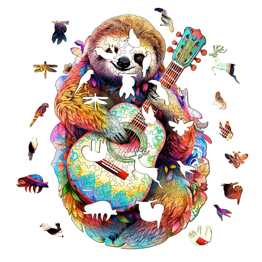 Whimsical Wooden Jigsaw Puzzle-sloth with guitar