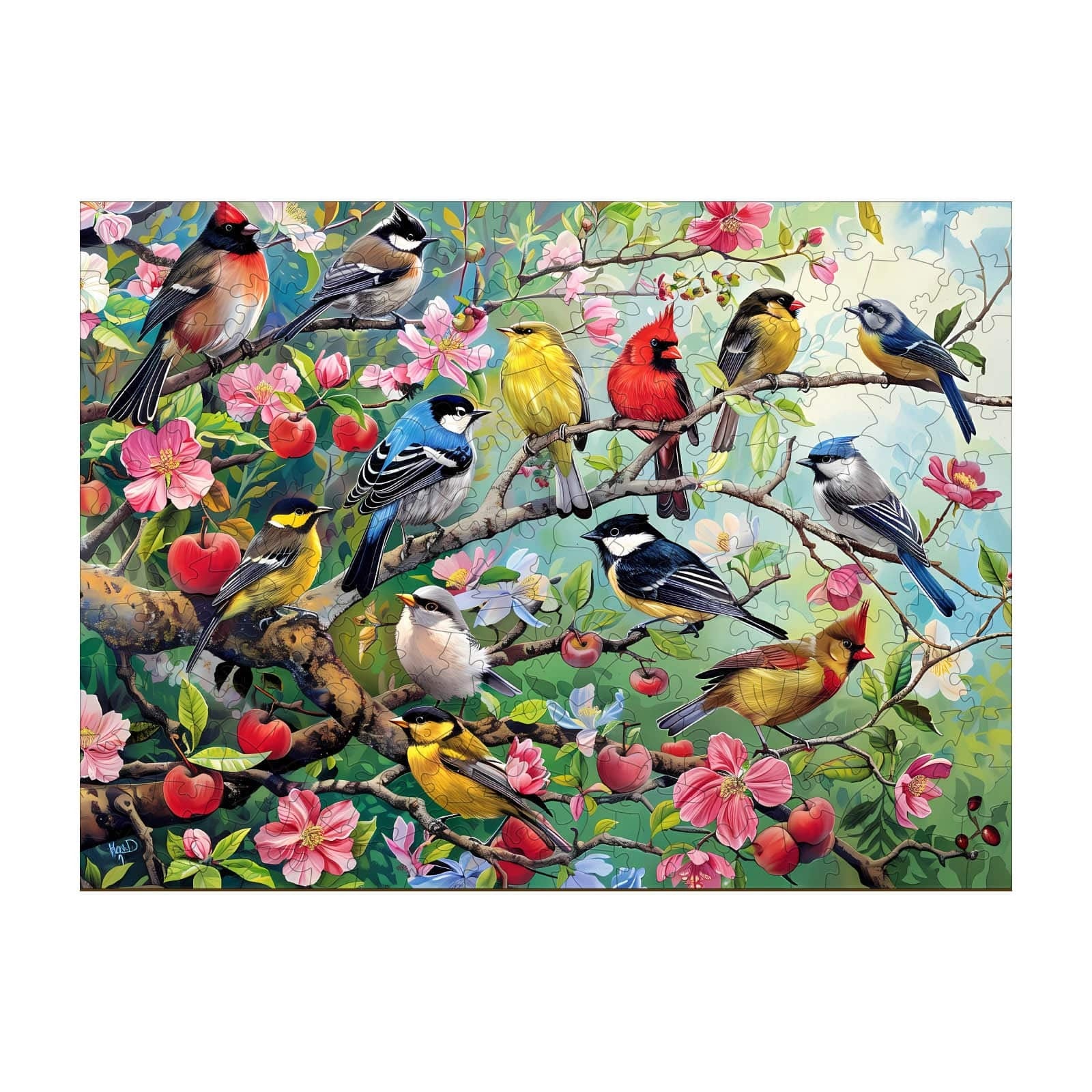 Whimsical Wooden Jigsaw Puzzle- Birds in the orchard