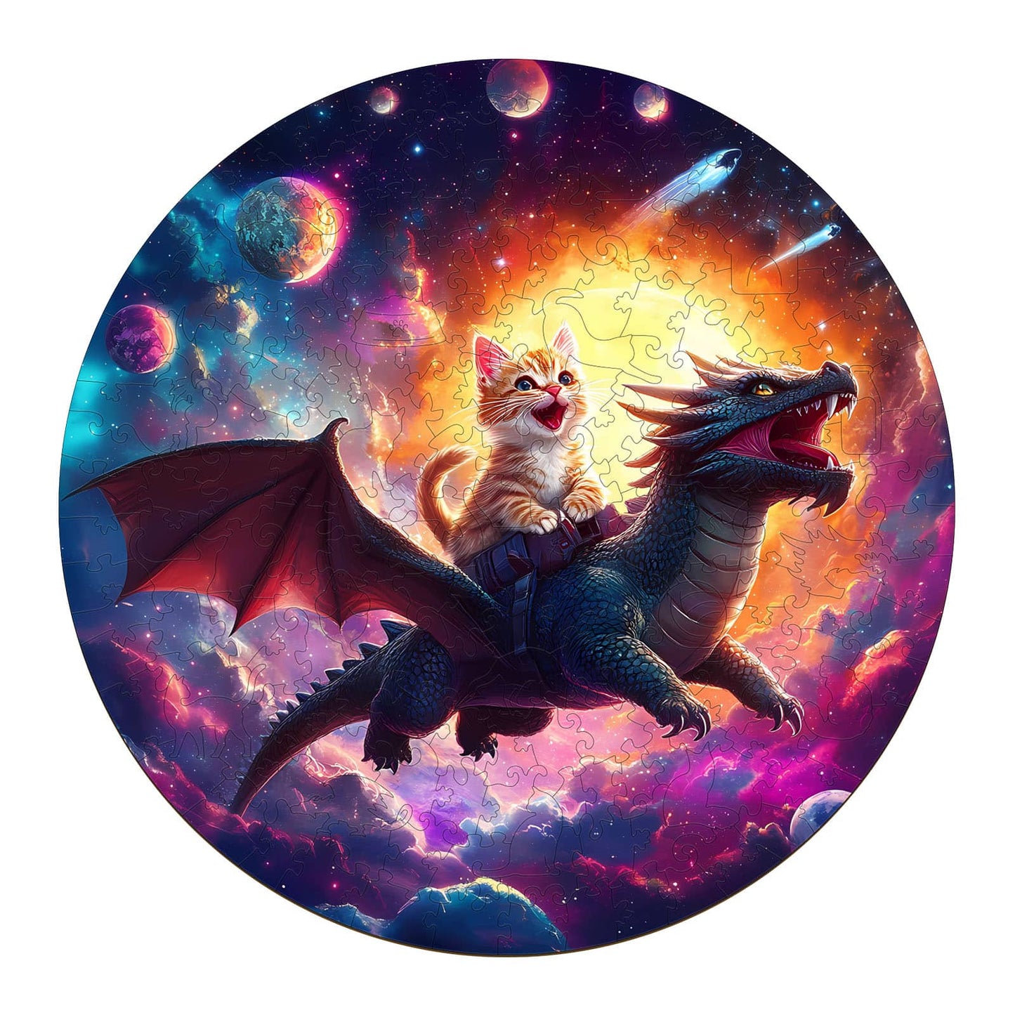 Whimsical Wooden Jigsaw Puzzle - kitten riding dragon - pickApuzzle