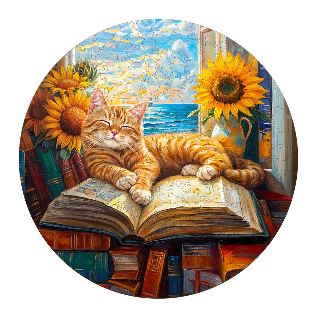 Whimsical Wooden Jigsaw Puzzle - Lazy orange cat - pickApuzzle