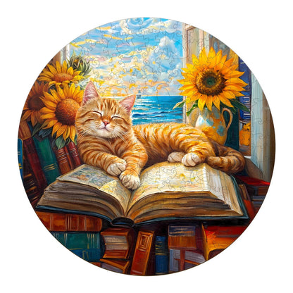 Whimsical Wooden Jigsaw Puzzle - Lazy orange cat - pickApuzzle