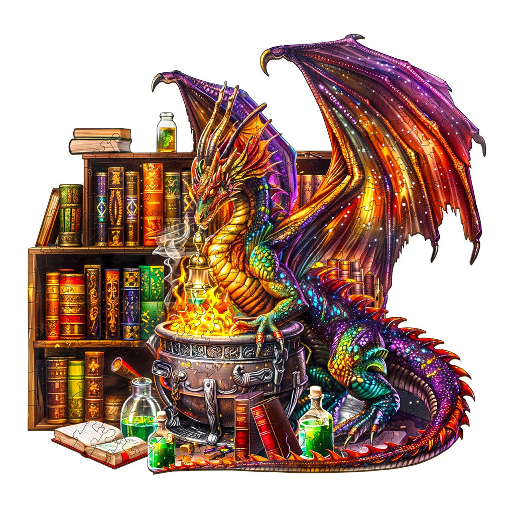 Whimsical Wooden Jigsaw Puzzle-  dragon magic potion