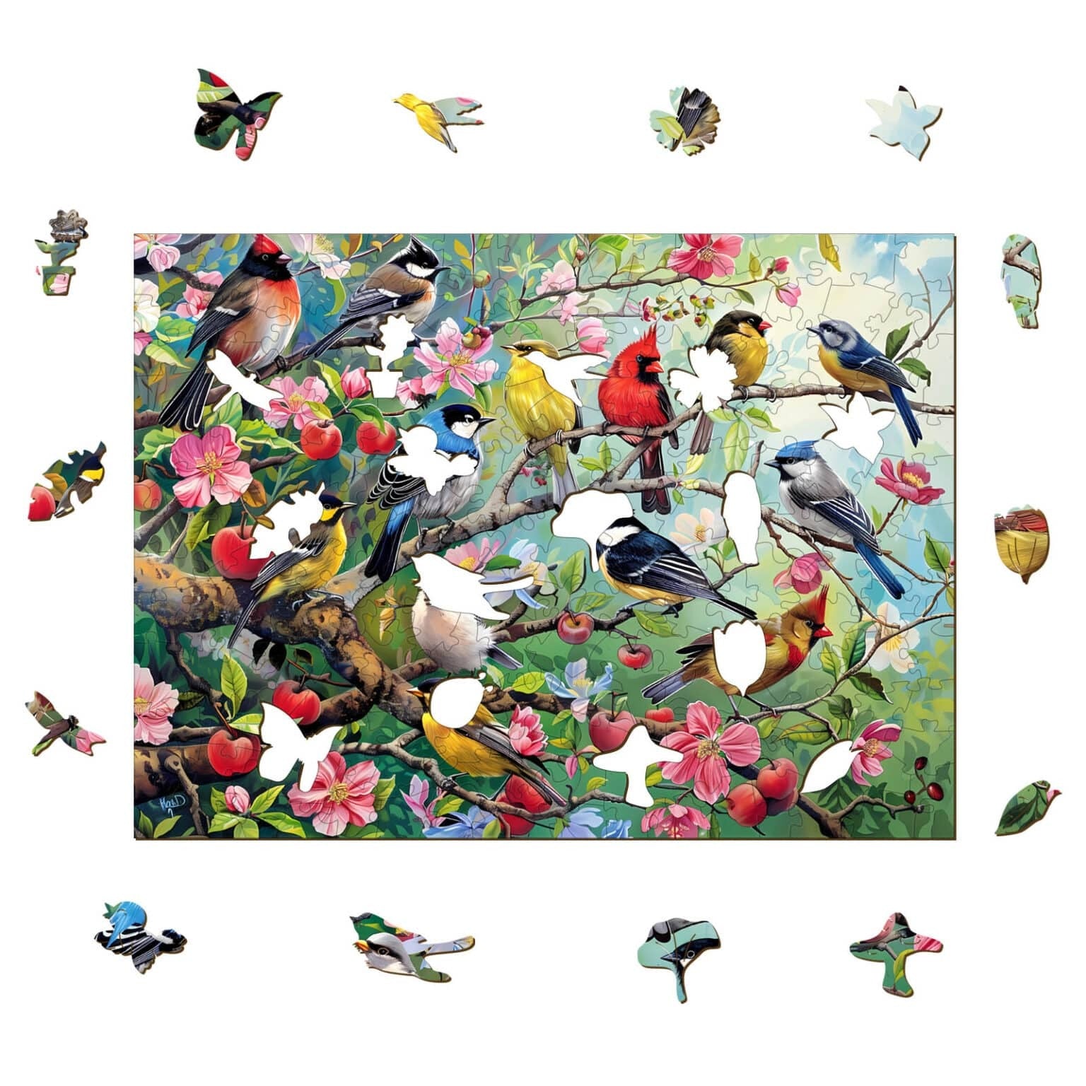 Whimsical Wooden Jigsaw Puzzle- Birds in the orchard