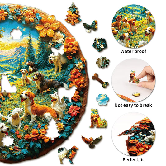 Engaging Wooden Jigsaw Puzzle - Doggy Paradise - pickApuzzle