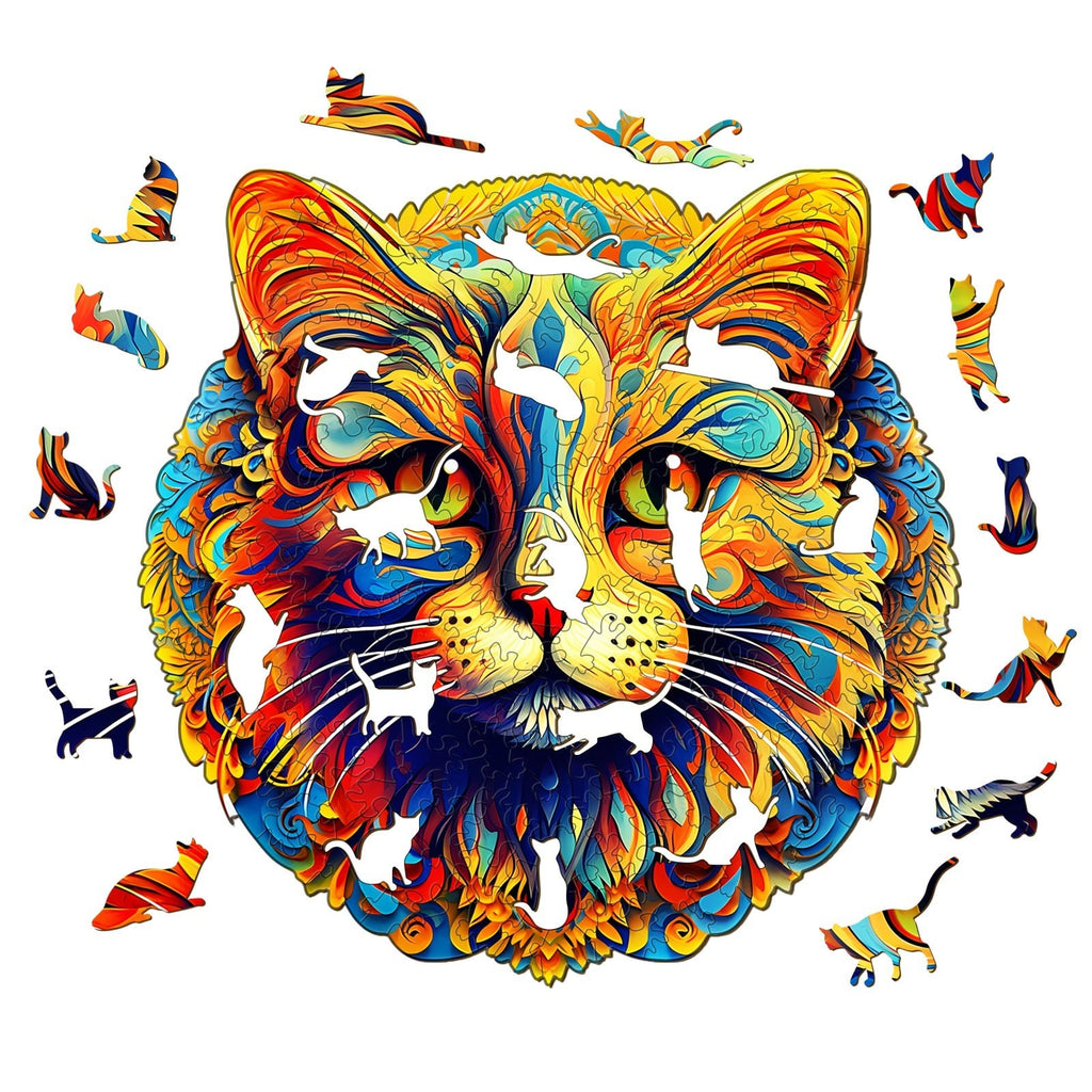 Whimsical Wooden Jigsaw Puzzle- colorful cat