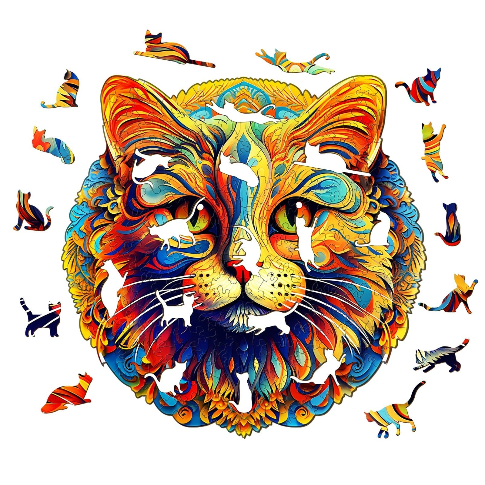 Whimsical Wooden Jigsaw Puzzle- colorful cat
