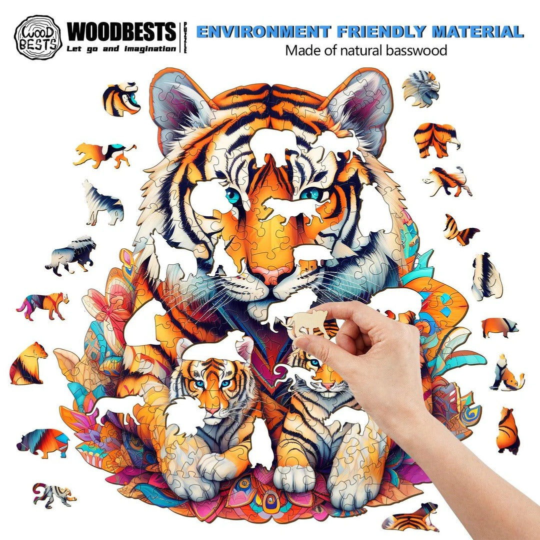 Whimsical Wooden Jigsaw Puzzle-Tiger Family
