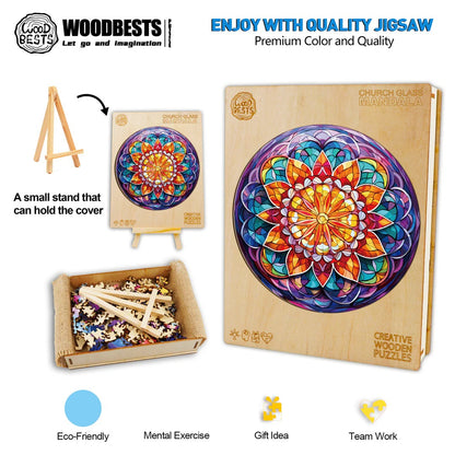 Whimsical Wooden Jigsaw Puzzle-church glass mandala