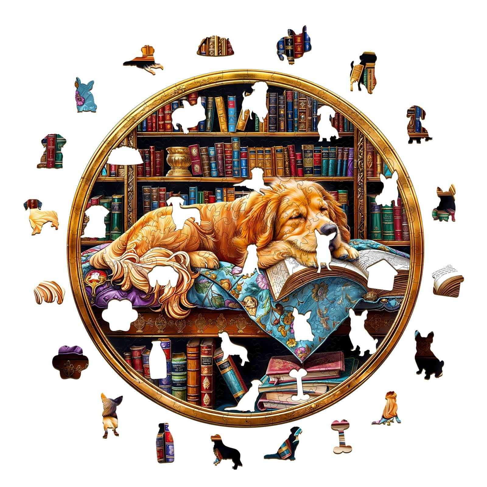 Whimsical Wooden Jigsaw Puzzle - book¡¯s Golden Retriever - pickApuzzle