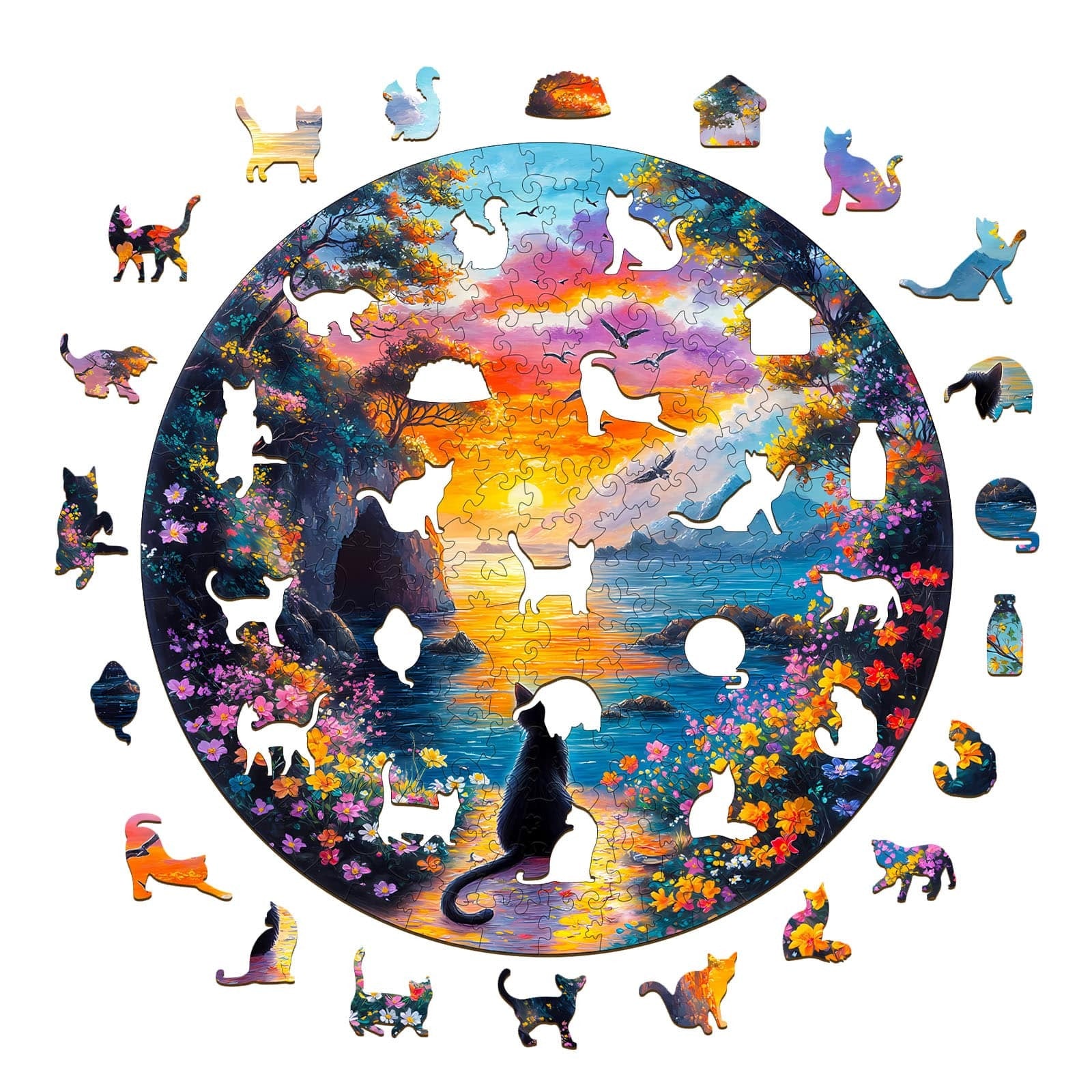 Whimsical Wooden Jigsaw Puzzle- Sunset kitten Secondary image
