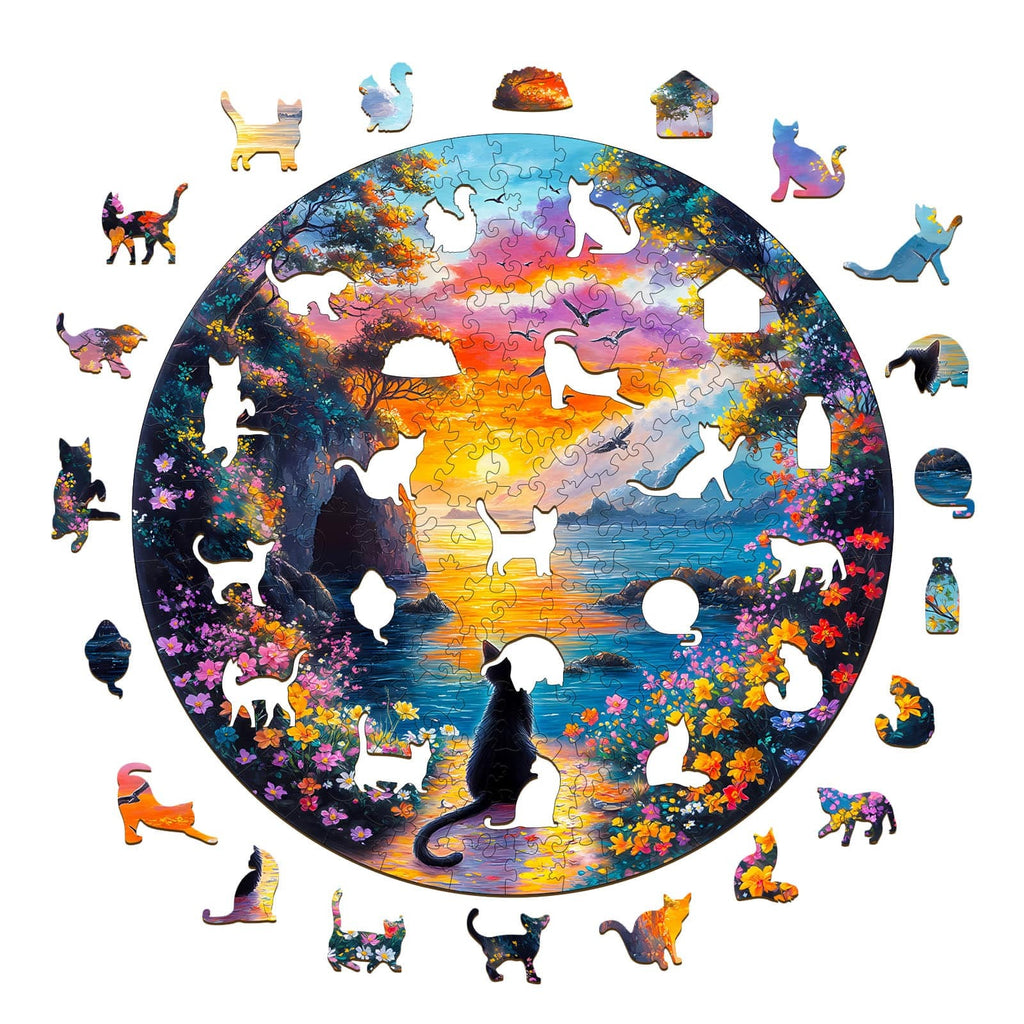 Whimsical Wooden Jigsaw Puzzle- Sunset kitten