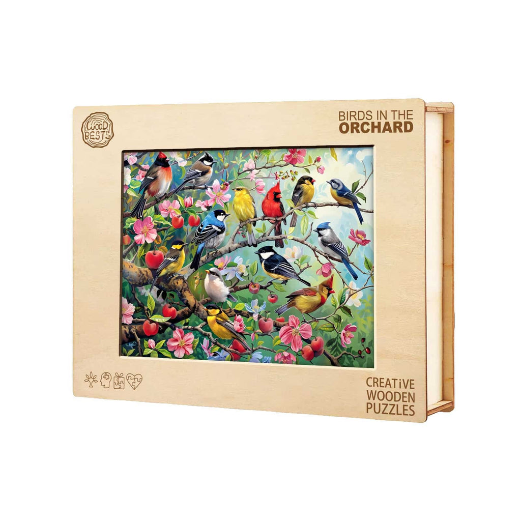 Whimsical Wooden Jigsaw Puzzle- Birds in the orchard