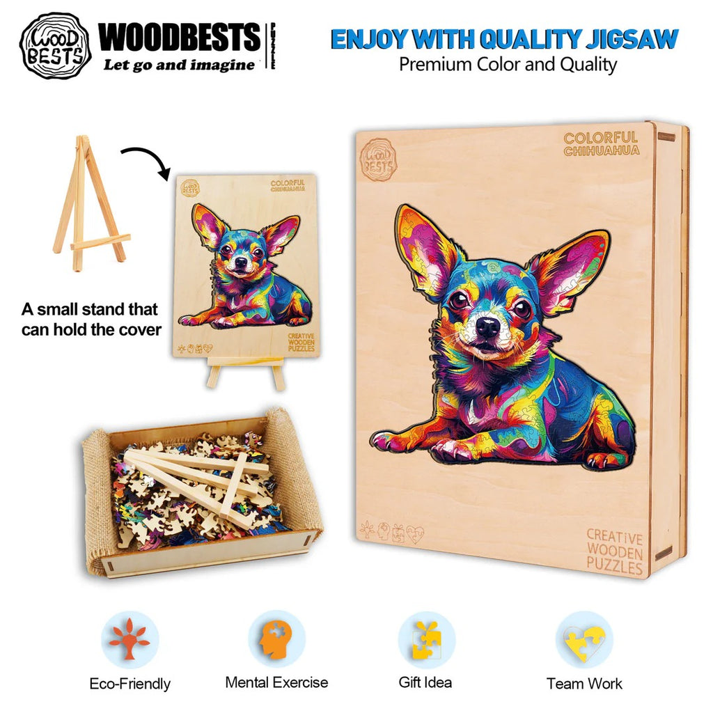 Whimsical Wooden Jigsaw Puzzle- Colorful Chihuahua