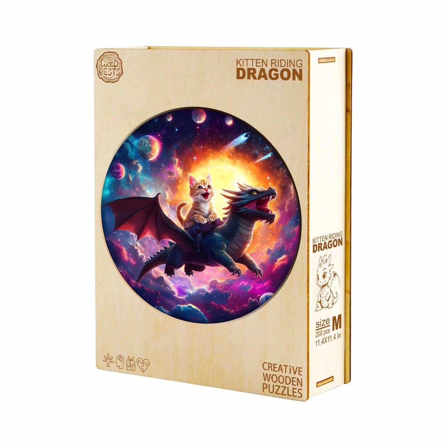 Whimsical Wooden Jigsaw Puzzle - kitten riding dragon - pickApuzzle