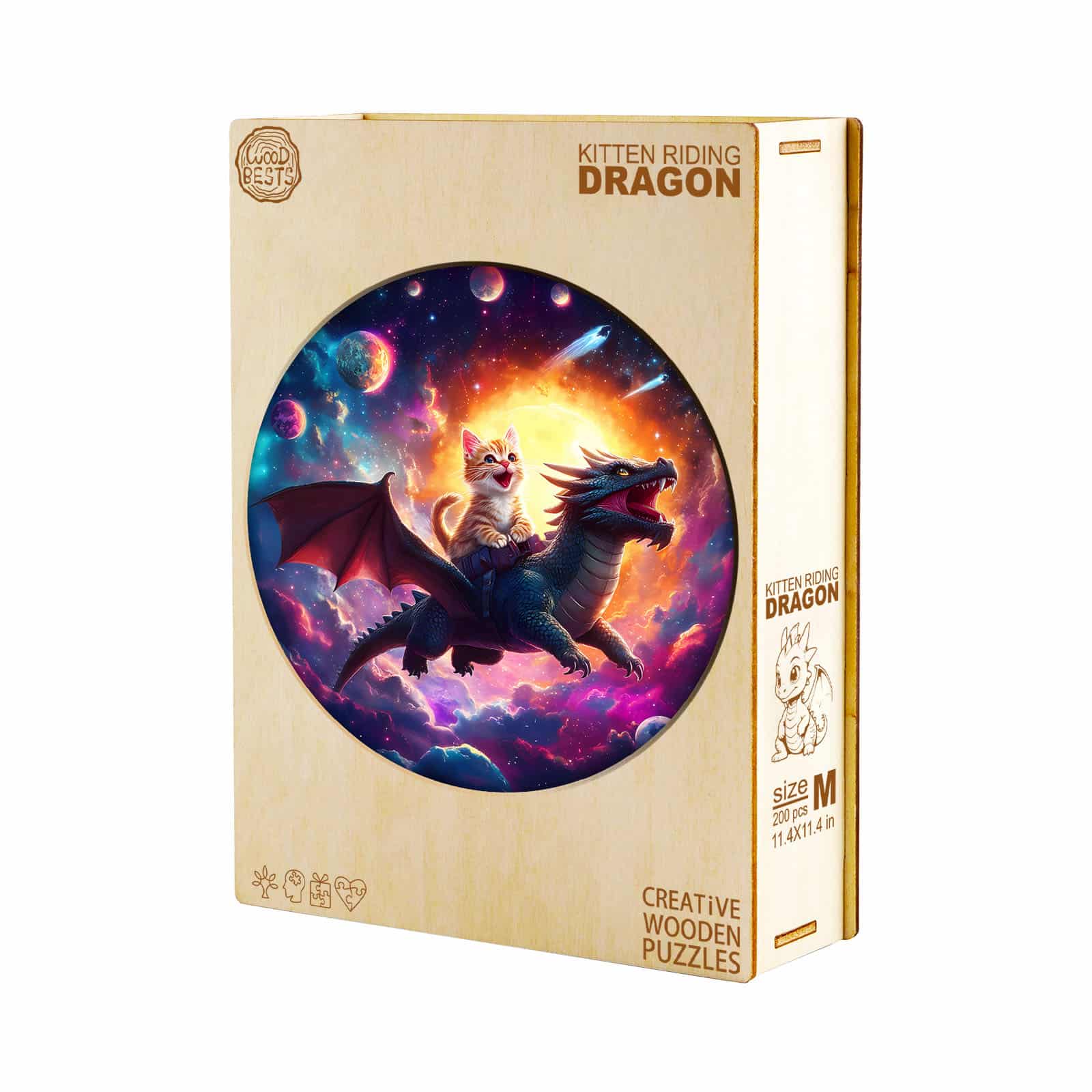Whimsical Wooden Jigsaw Puzzle - kitten riding dragon - pickApuzzle