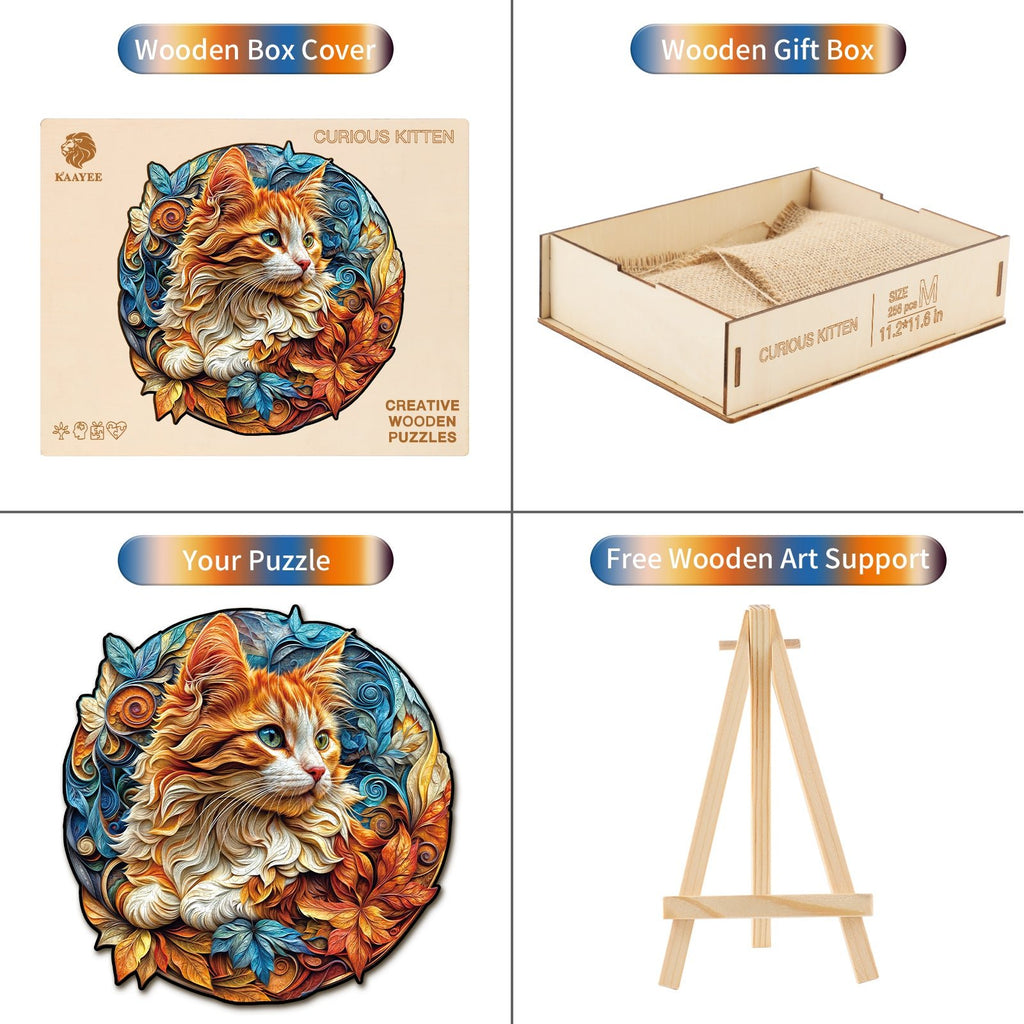 Whimsical Wooden Jigsaw Puzzle - Curious Kitten - pickApuzzle