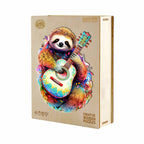 Whimsical Wooden Jigsaw Puzzle-sloth with guitar