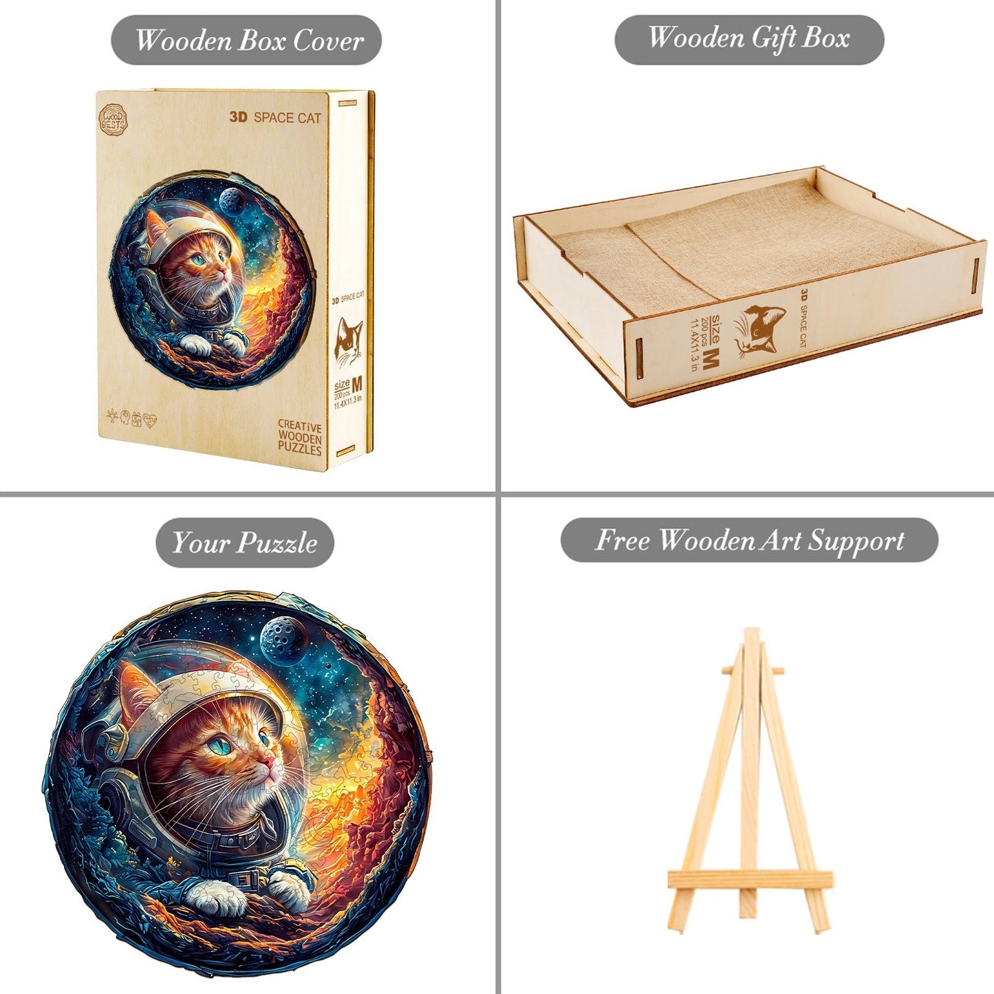 Whimsical Wooden Jigsaw Puzzle - 3D Space Cat - pickApuzzle