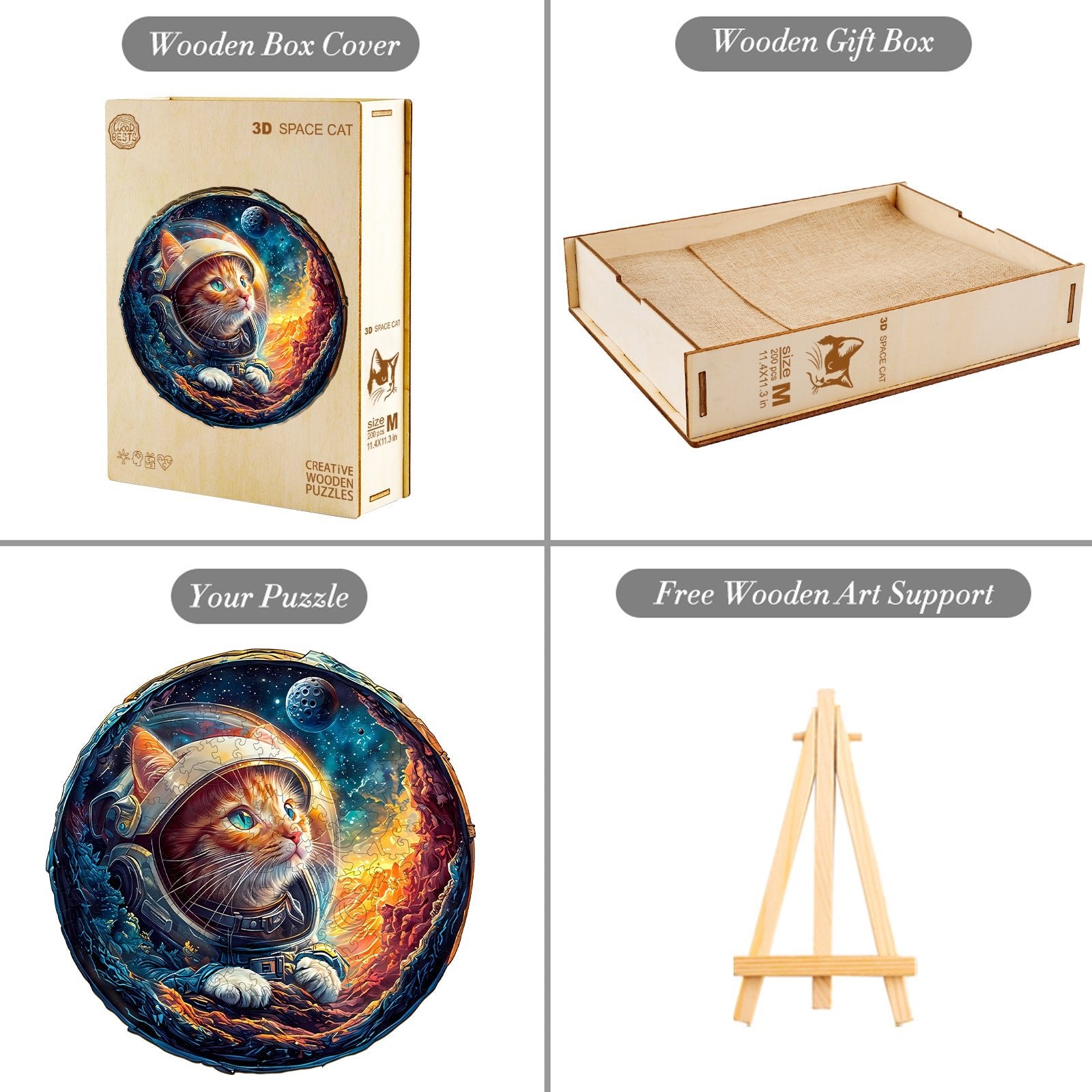 Whimsical Wooden Jigsaw Puzzle - 3D Space Cat - pickApuzzle