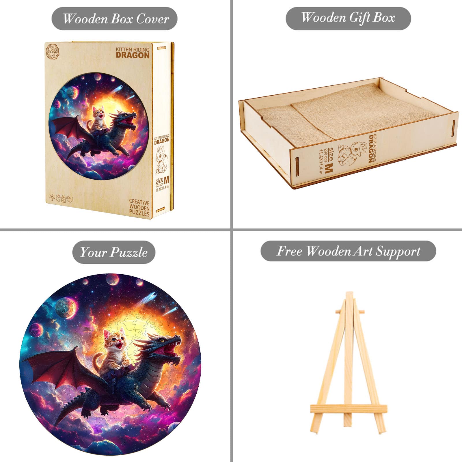 Whimsical Wooden Jigsaw Puzzle - kitten riding dragon - pickApuzzle