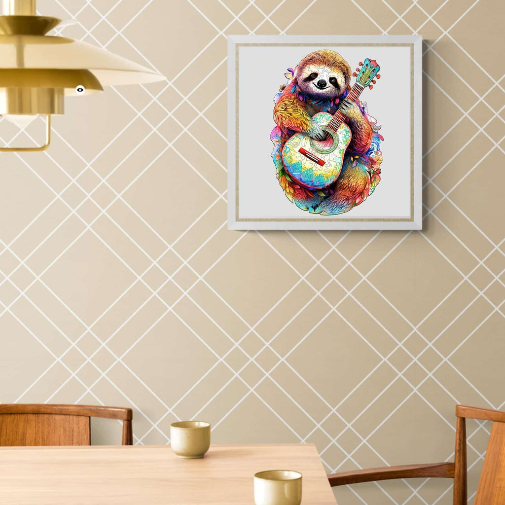Whimsical Wooden Jigsaw Puzzle-sloth with guitar