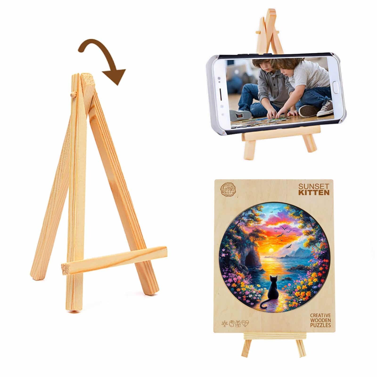 Whimsical Wooden Jigsaw Puzzle- Sunset kitten