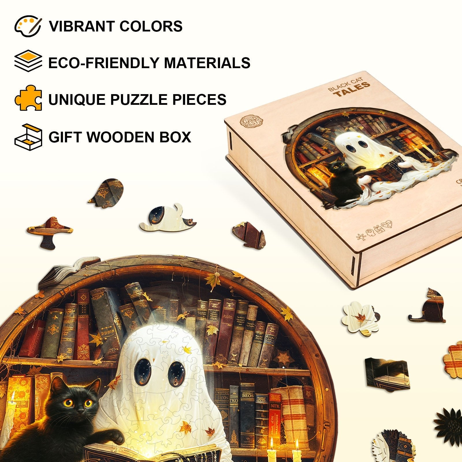 Whimsical Wooden Jigsaw Puzzle - Black Cat Tales - pickApuzzle