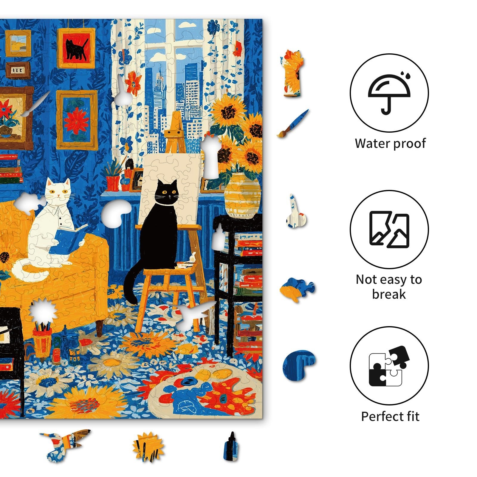 Whimsical Wooden Jigsaw Puzzle - Cats Art Studio - pickApuzzle