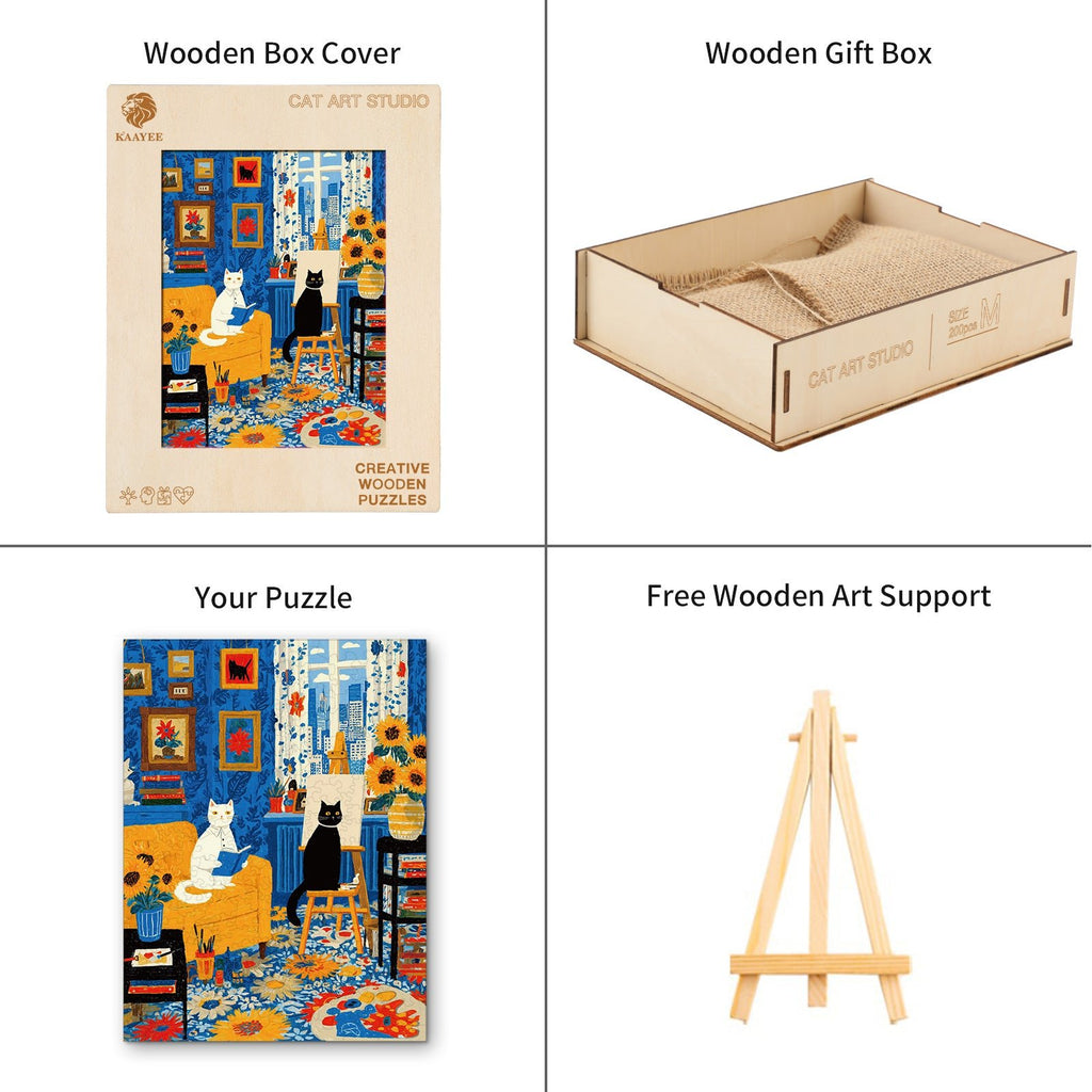 Whimsical Wooden Jigsaw Puzzle - Cats Art Studio - pickApuzzle