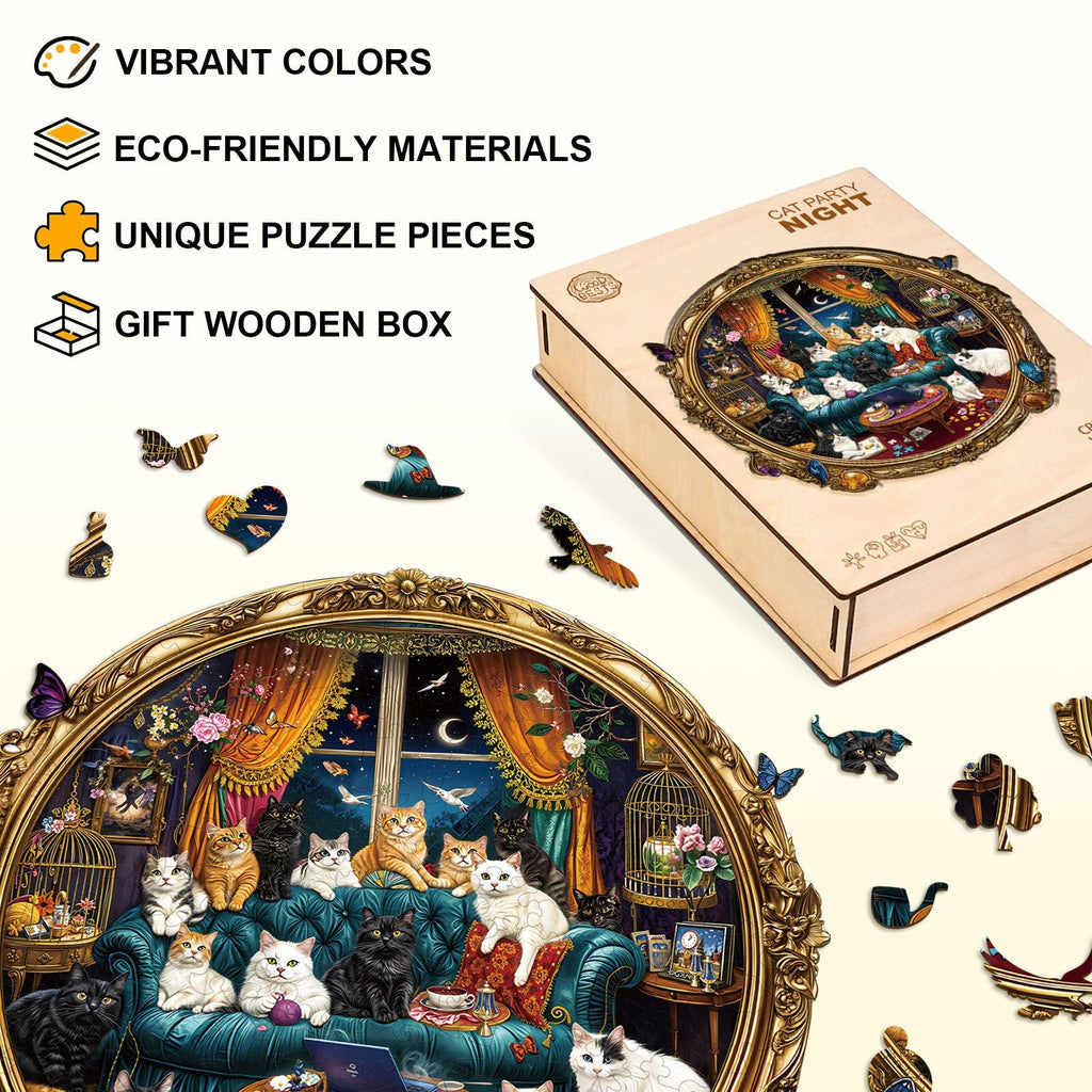 Whimsical Wooden Jigsaw Puzzle - Cat Party Night - pickApuzzle