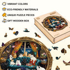 Whimsical Wooden Jigsaw Puzzle - Cat Party Night - pickApuzzle