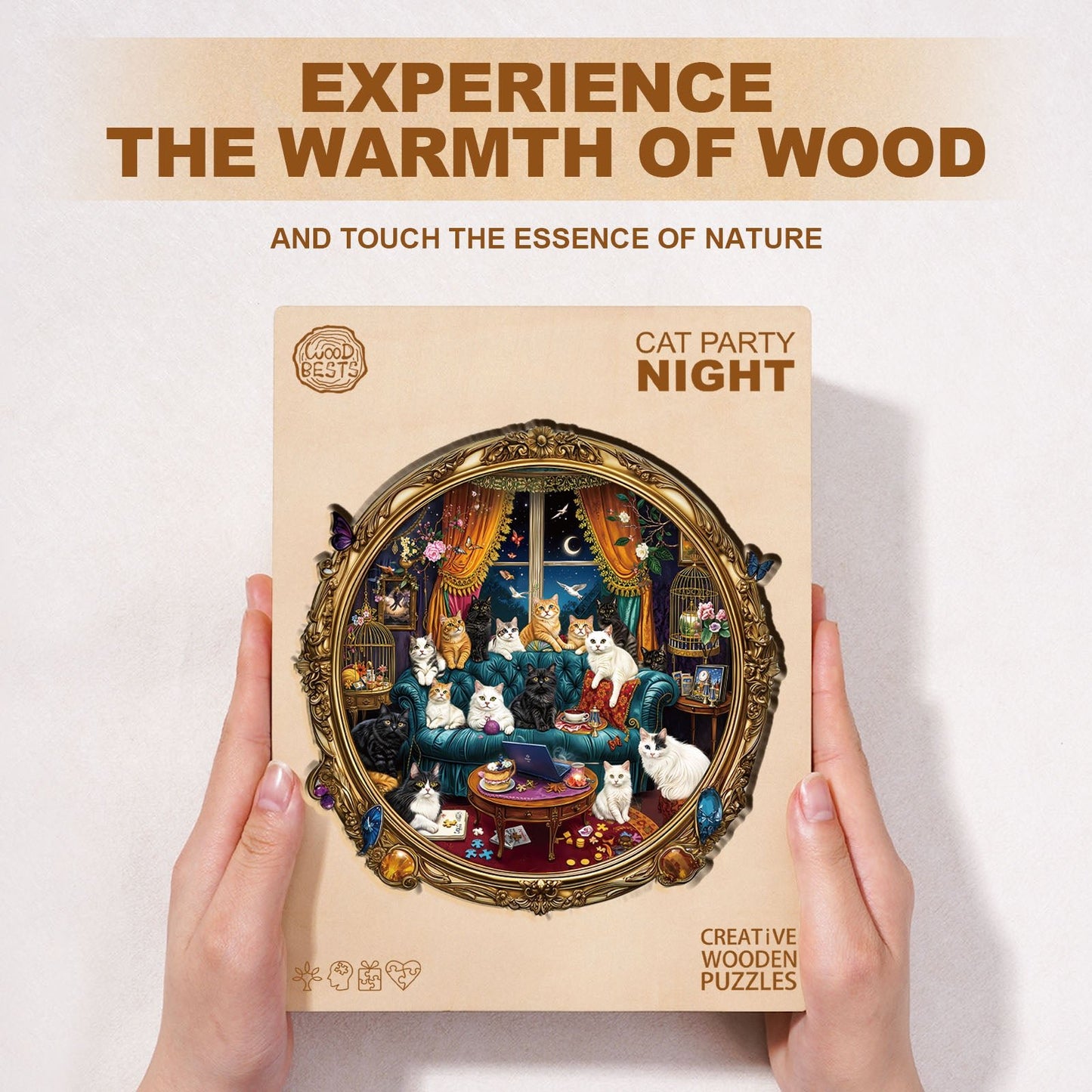 Whimsical Wooden Jigsaw Puzzle - Cat Party Night - pickApuzzle