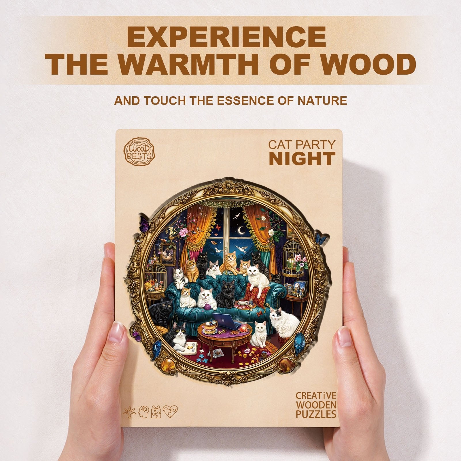 Whimsical Wooden Jigsaw Puzzle - Cat Party Night - pickApuzzle