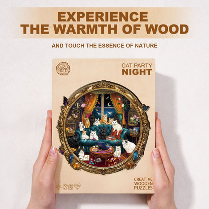 Whimsical Wooden Jigsaw Puzzle - Cat Party Night - pickApuzzle