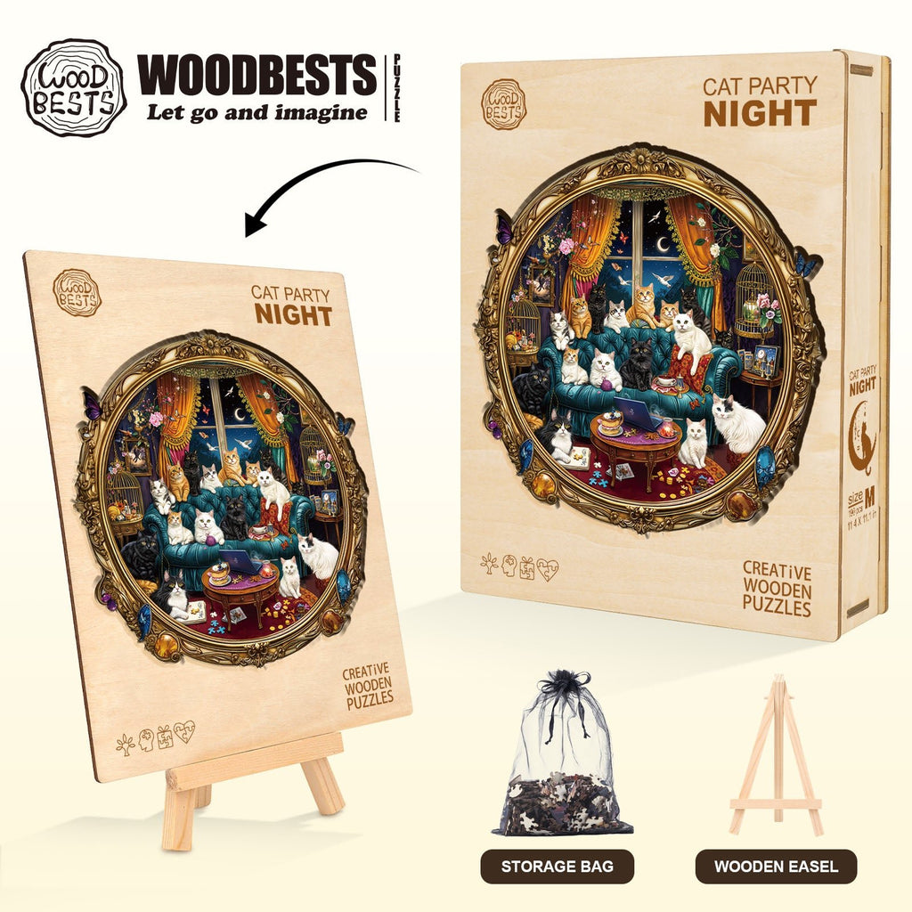 Whimsical Wooden Jigsaw Puzzle - Cat Party Night - pickApuzzle
