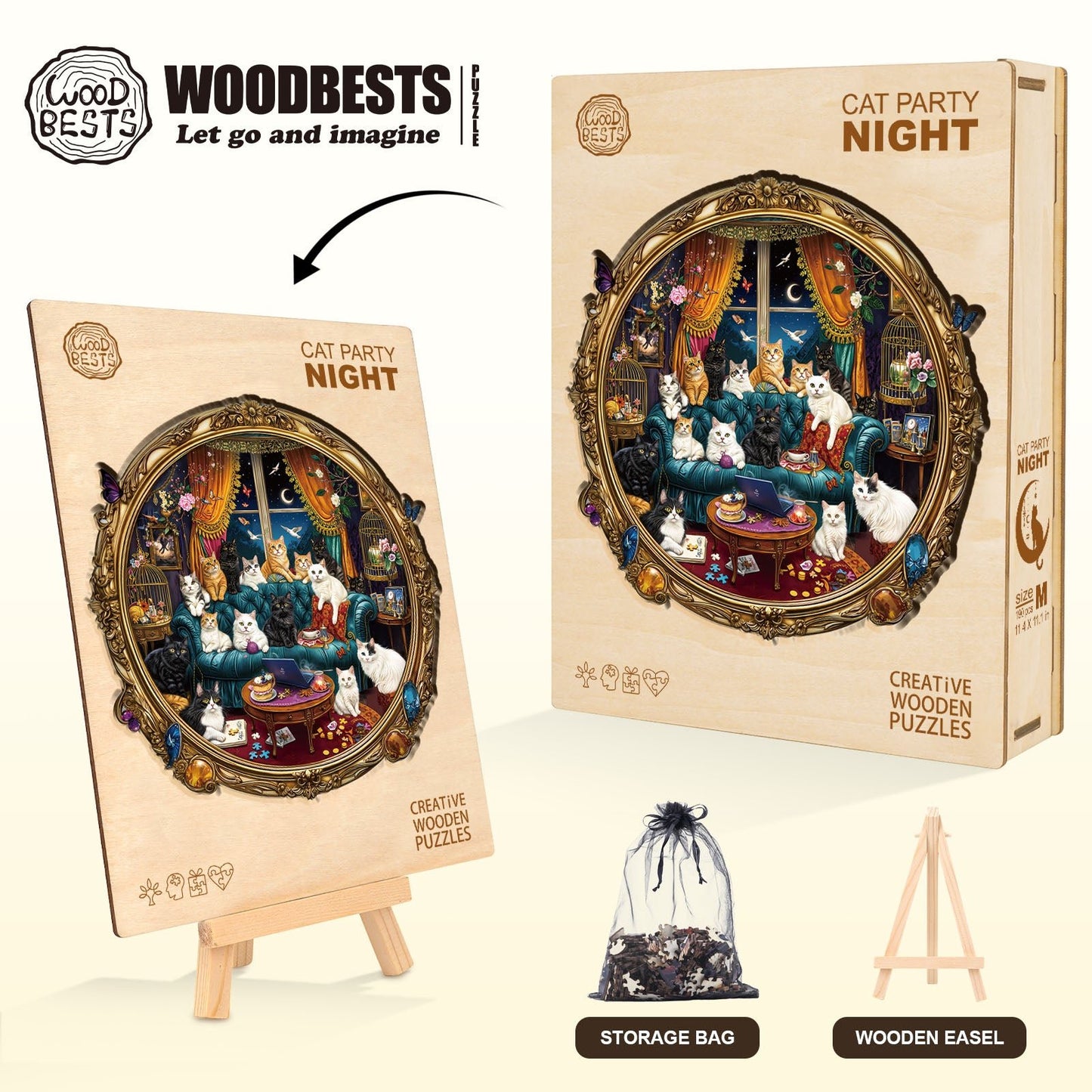 Whimsical Wooden Jigsaw Puzzle - Cat Party Night - pickApuzzle