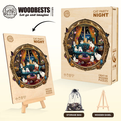 Whimsical Wooden Jigsaw Puzzle - Cat Party Night - pickApuzzle