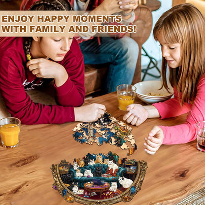 Whimsical Wooden Jigsaw Puzzle - Cat Party Night - pickApuzzle