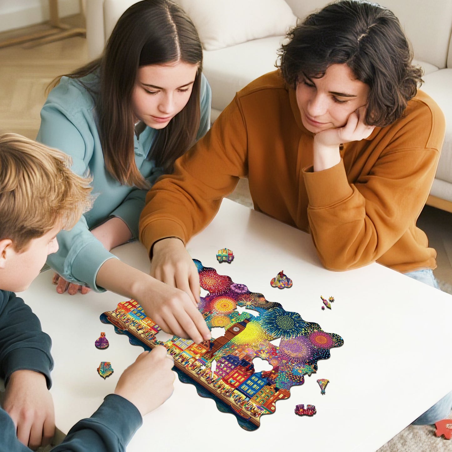 Skurriles Holz-Puzzle – Stadt des Feuerwerks
