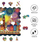 Skurriles Holz-Puzzle – Stadt des Feuerwerks
