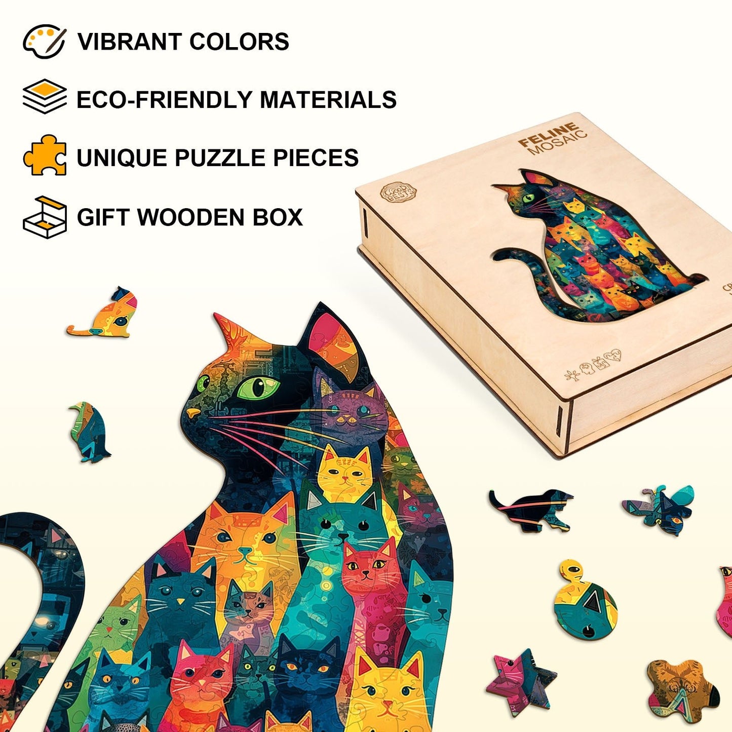 Whimsical Wooden Jigsaw Puzzle - Feline Mosaic - pickApuzzle