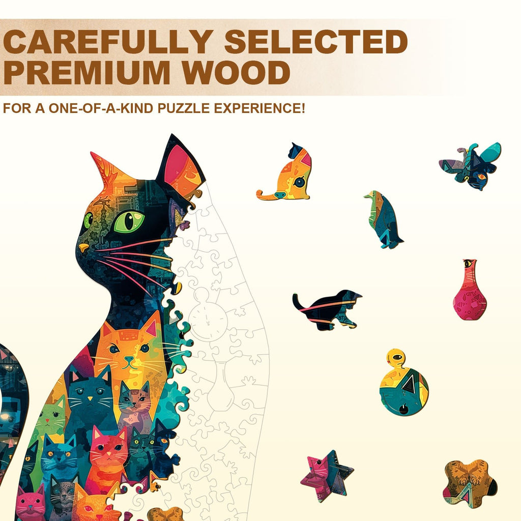 Whimsical Wooden Jigsaw Puzzle - Feline Mosaic - pickApuzzle