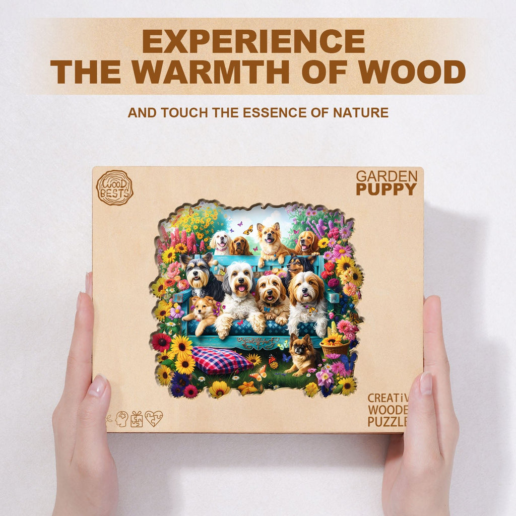 Whimsical Wooden Jigsaw Puzzle - Garden Puppy - pickApuzzle